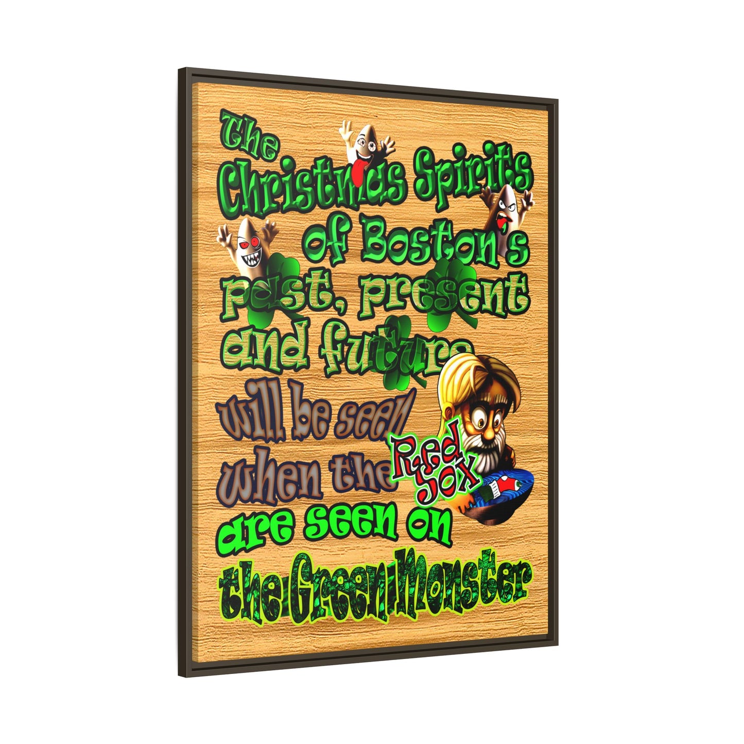 christmas spirits of boston - framed canvas art (butterscotch wood finish)