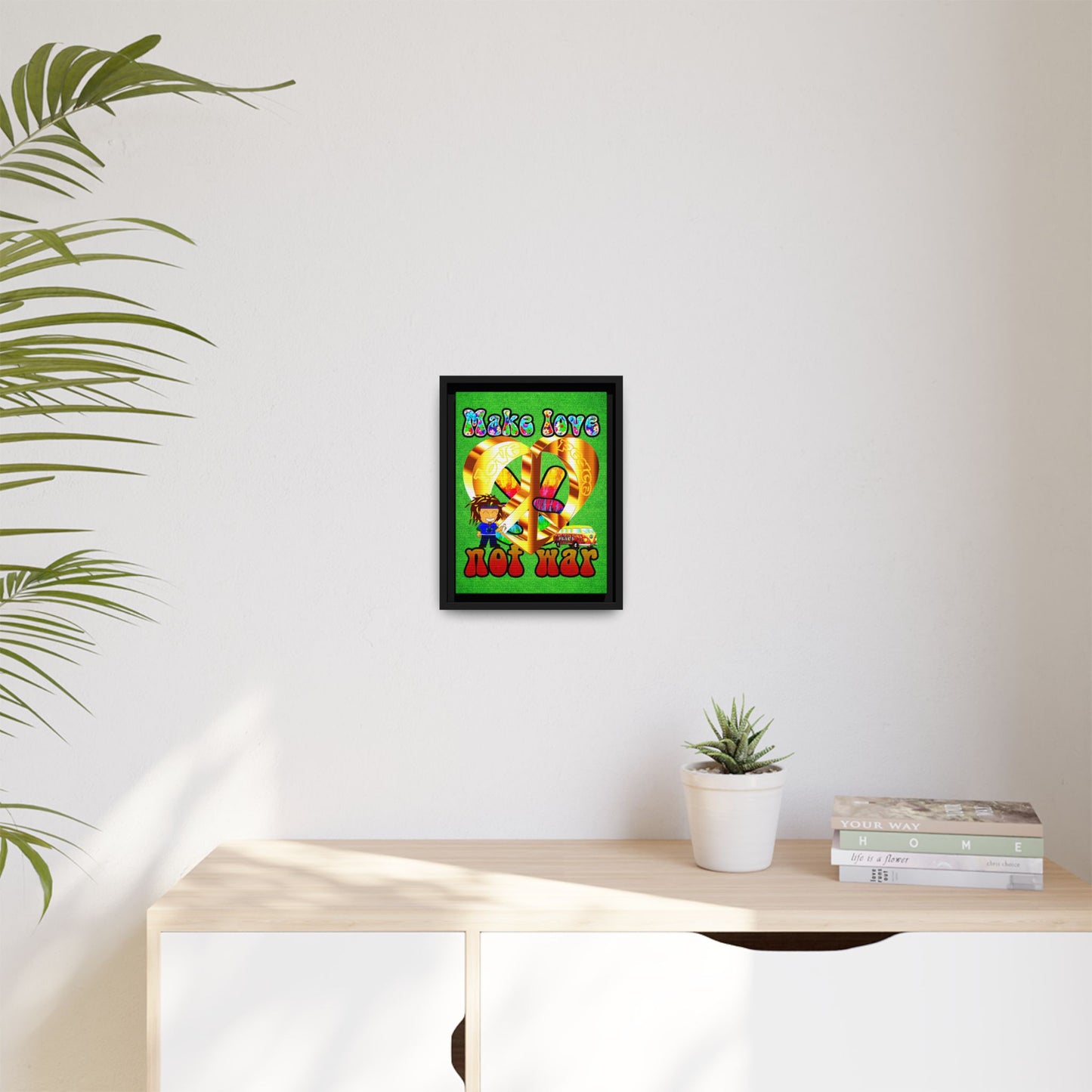 love peace - framed canvas art (green turf)