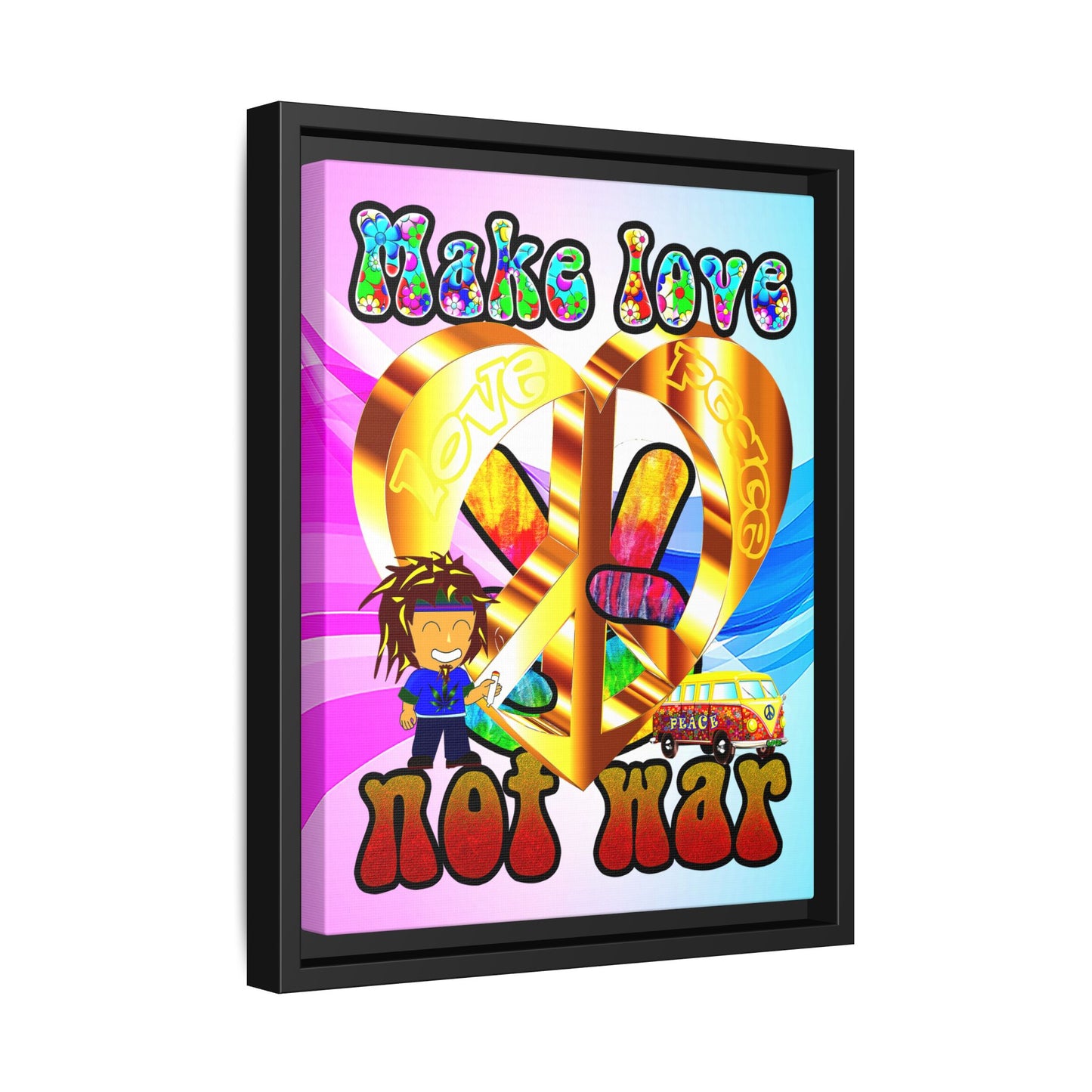 love peace - framed canvas art (light blue-pink wave)