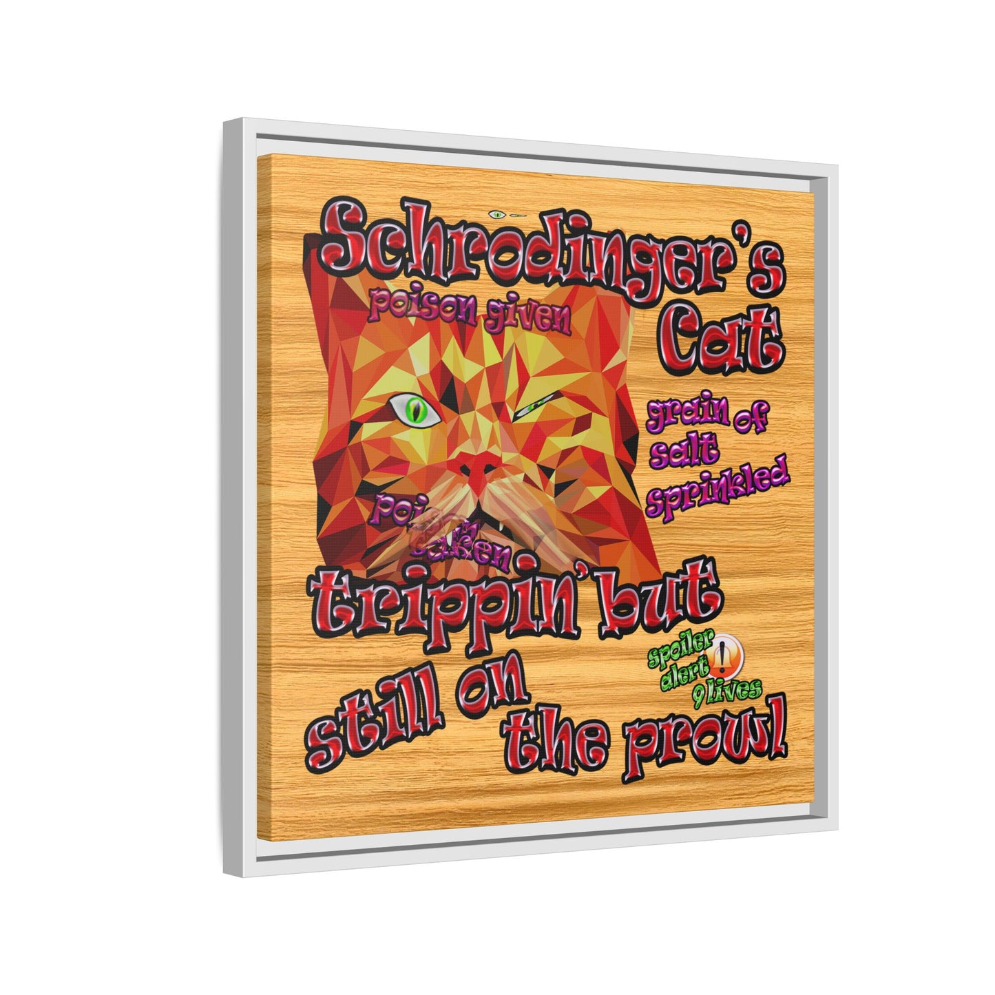 schrodinger's cat - framed canvas art (butterscotch wood finish)