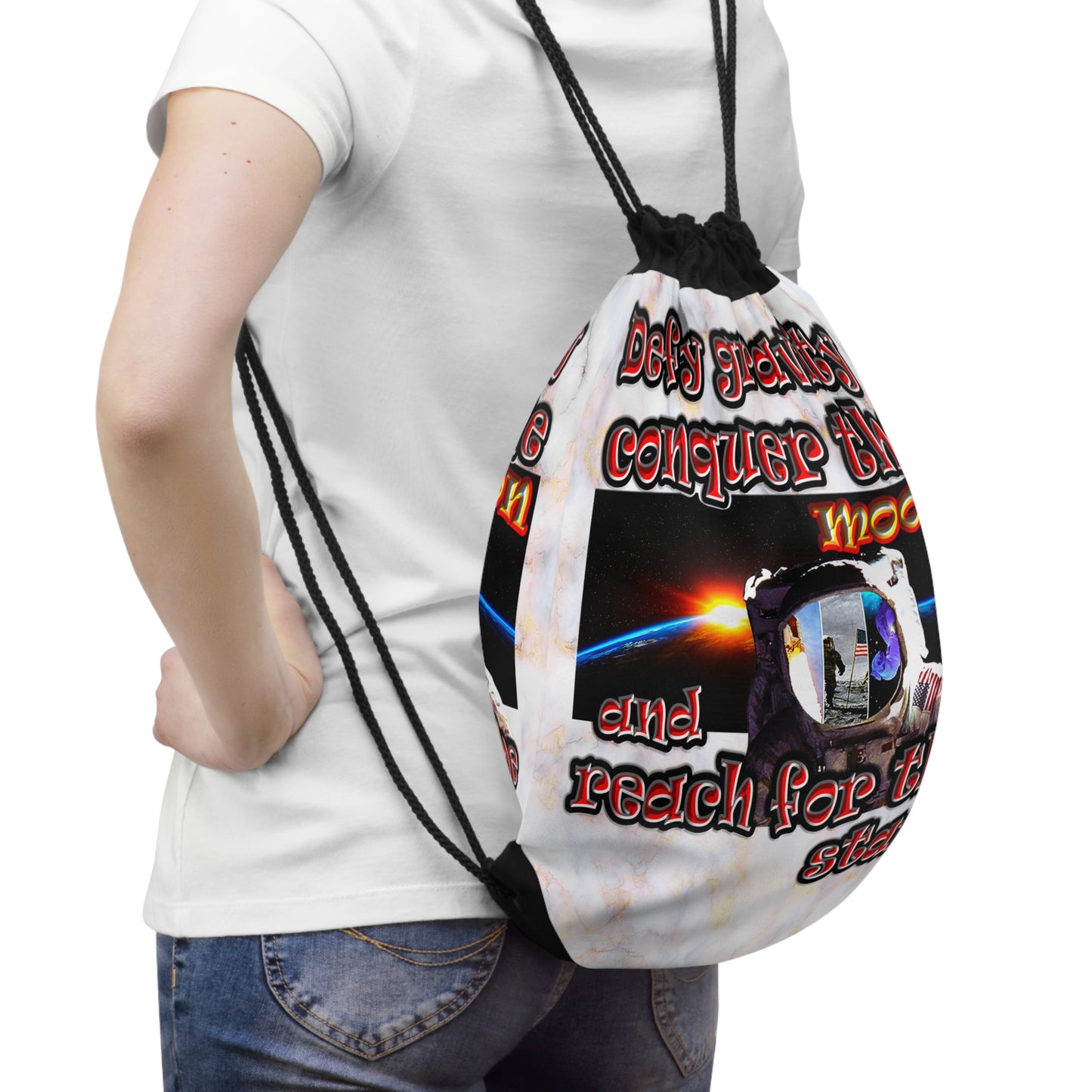 defy conquer reach - Drawstring Bag (white marble)