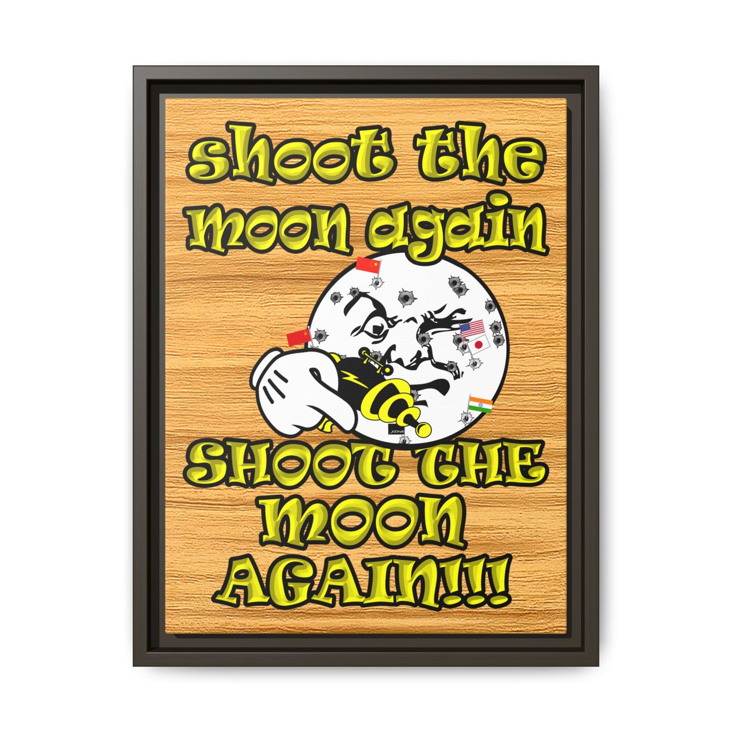 shoot the moon again - framed canvas art (butterscotch wood finish)