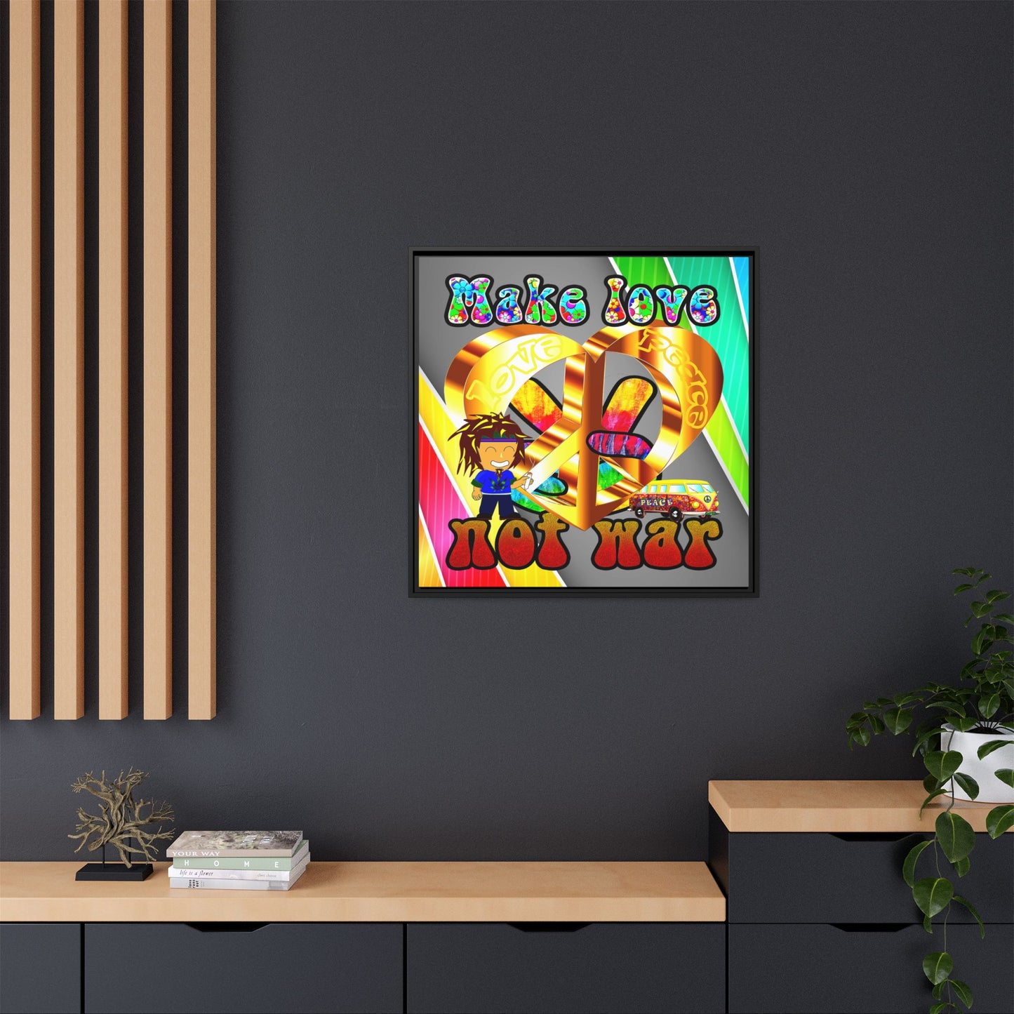 love peace - framed canvas art (rainbow split)