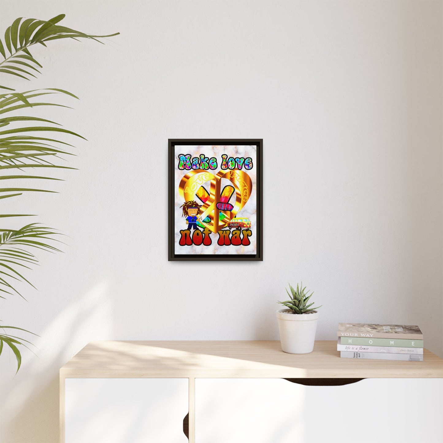 love peace - framed canvas art (white marble)