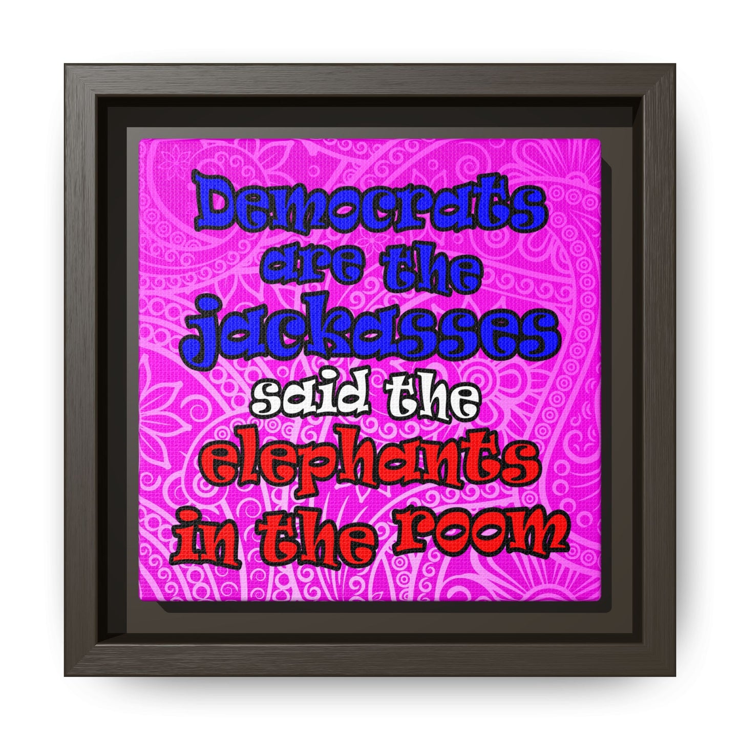 donkeys and elephants - framed canvas art (pink swirl)