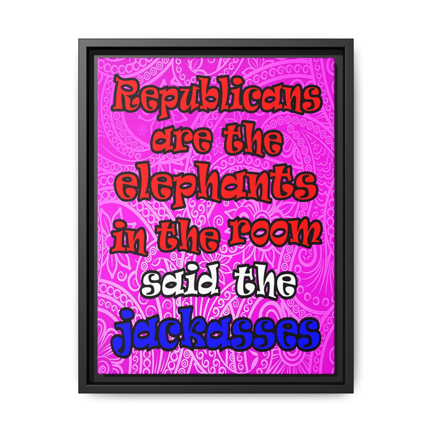 donkeys and elephants - framed canvas art (pink swirl)