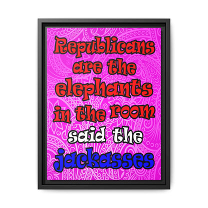 donkeys and elephants - framed canvas art (pink swirl)