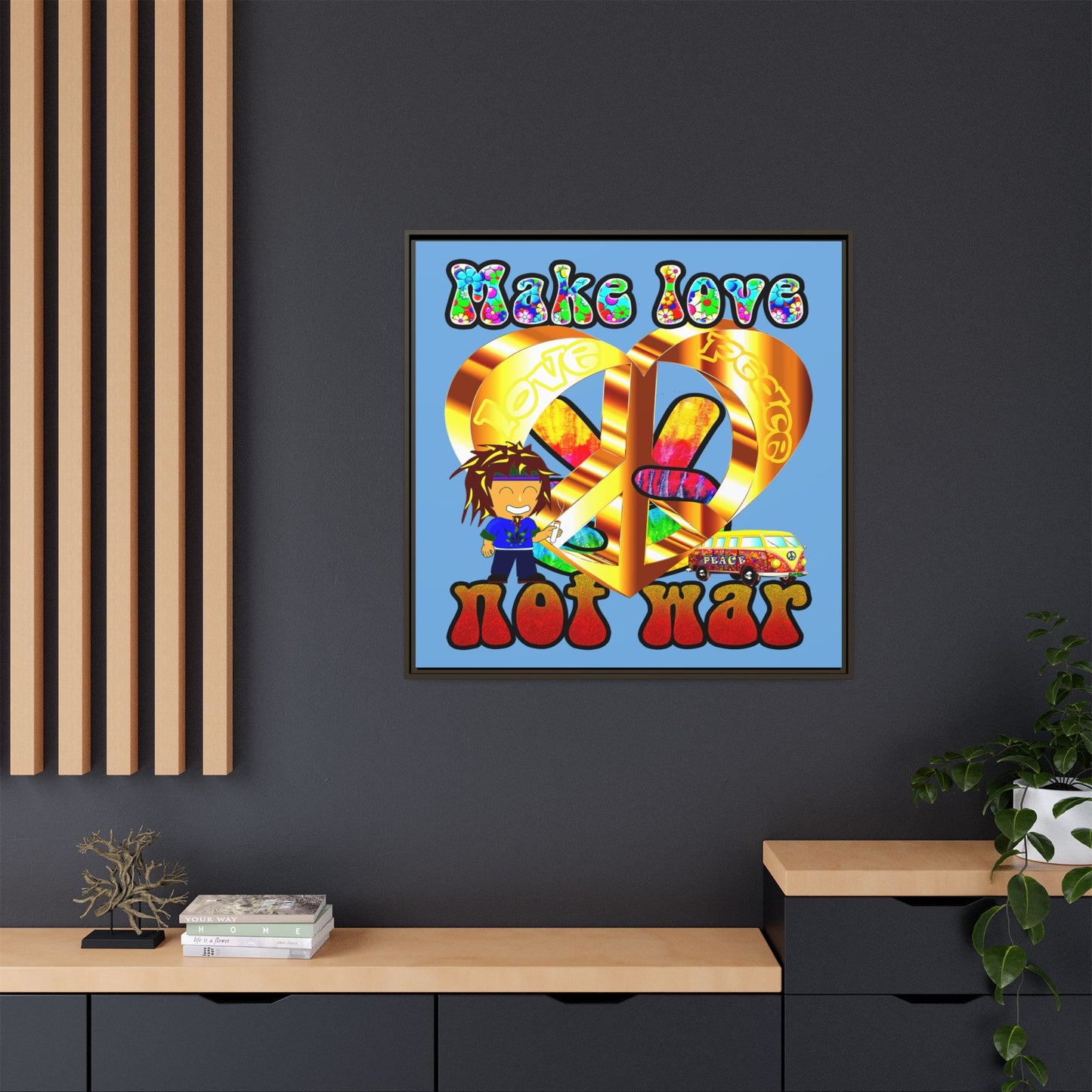 love peace - framed canvas art (light blue)