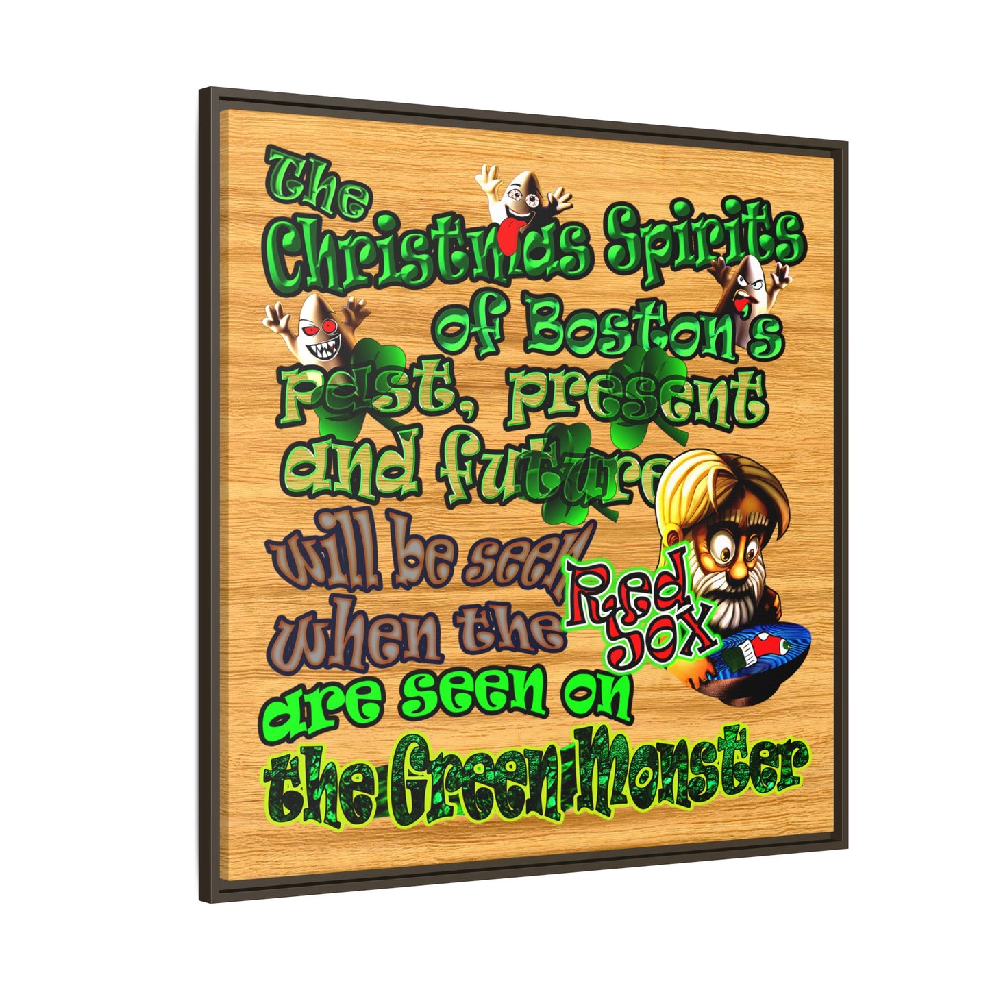 christmas spirits of boston - framed canvas art (butterscotch wood finish)
