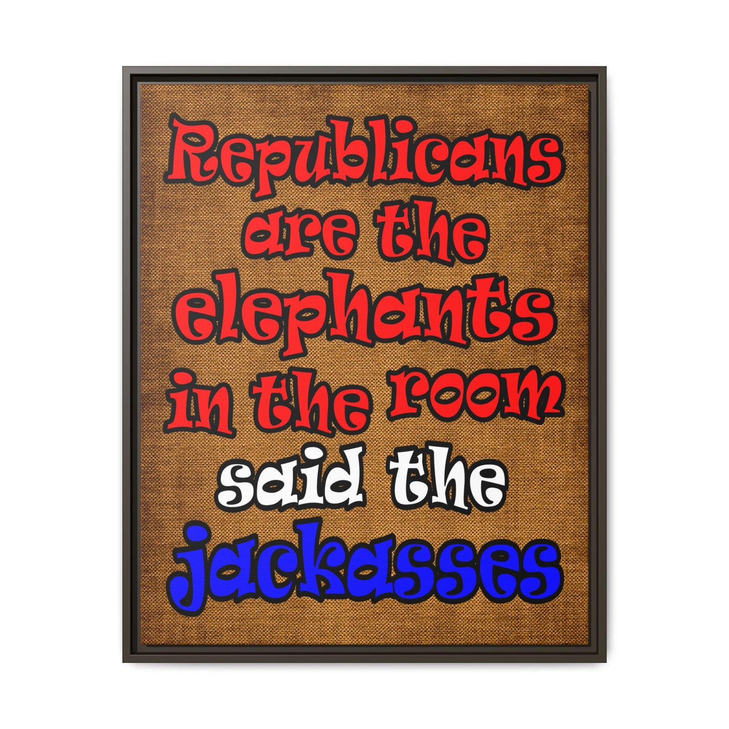 donkeys and elephants - framed canvas art (brown papyrus)