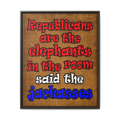 donkeys and elephants - framed canvas art (brown papyrus)