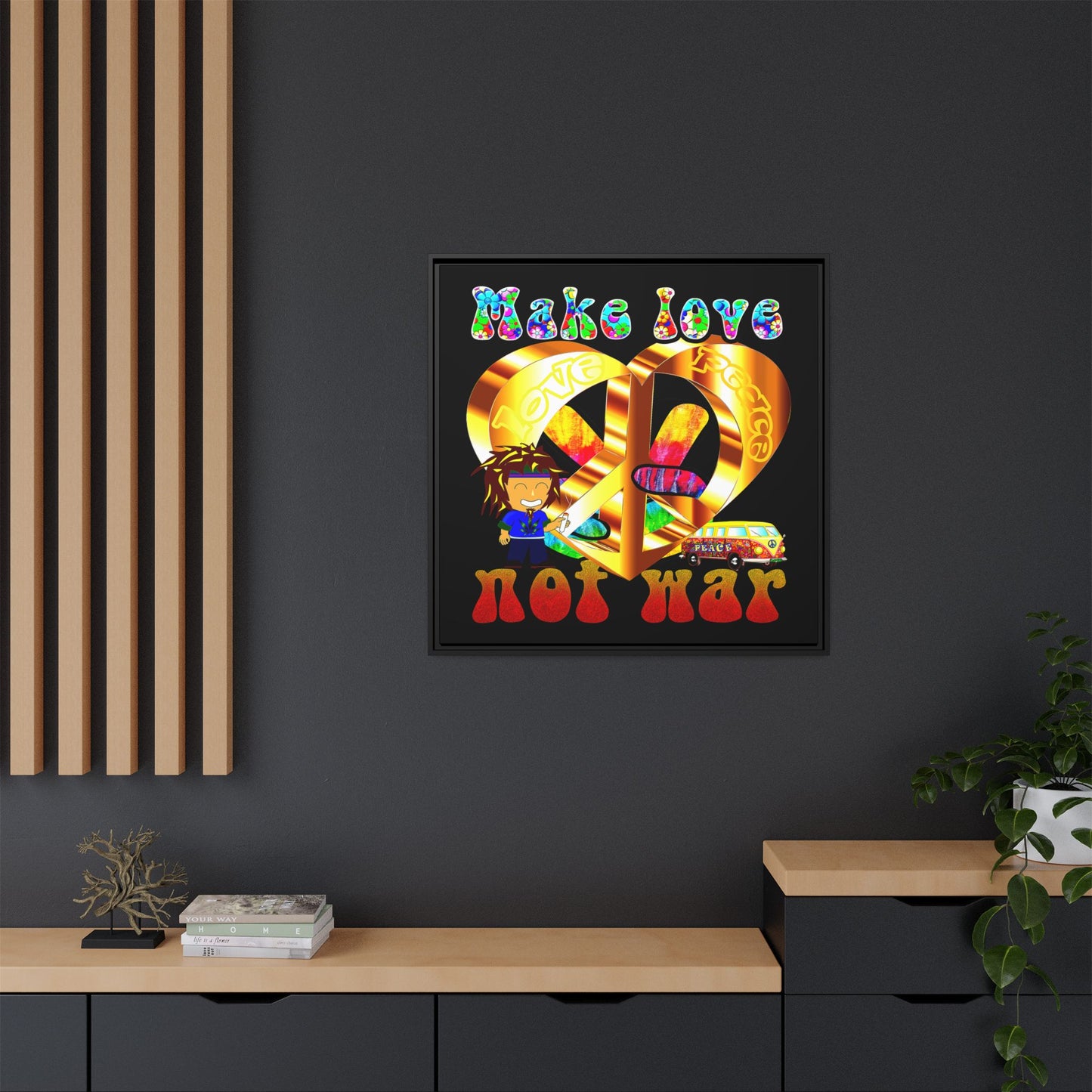love peace - framed canvas art (black)