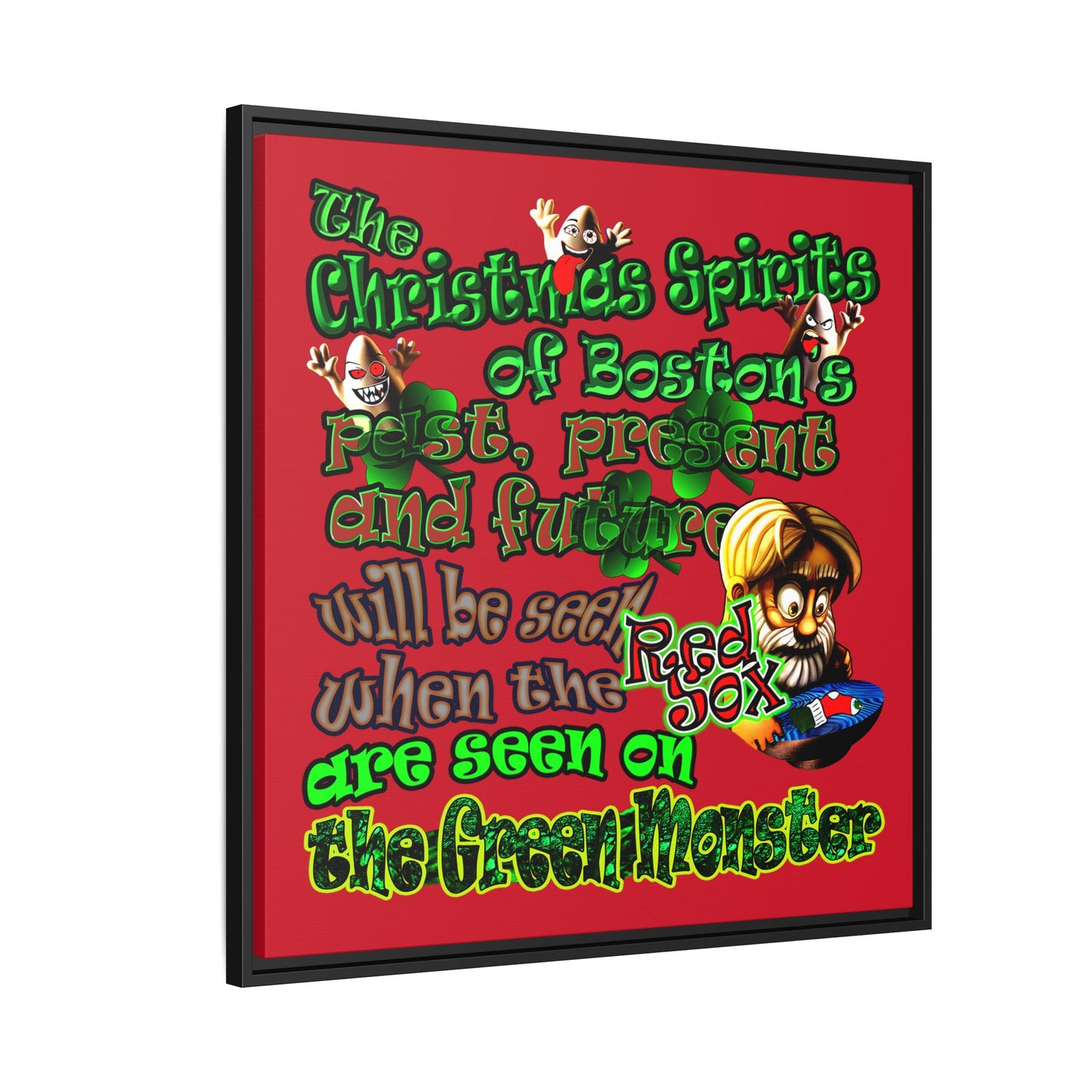 christmas spirits of boston - framed canvas art (dark red)