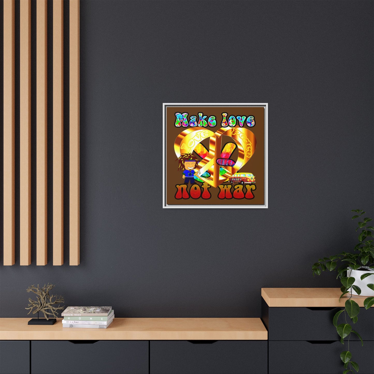 love peace - framed canvas art (brown)
