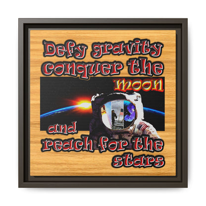 defy conquer reach - framed canvas art (butterscotch wood finish)