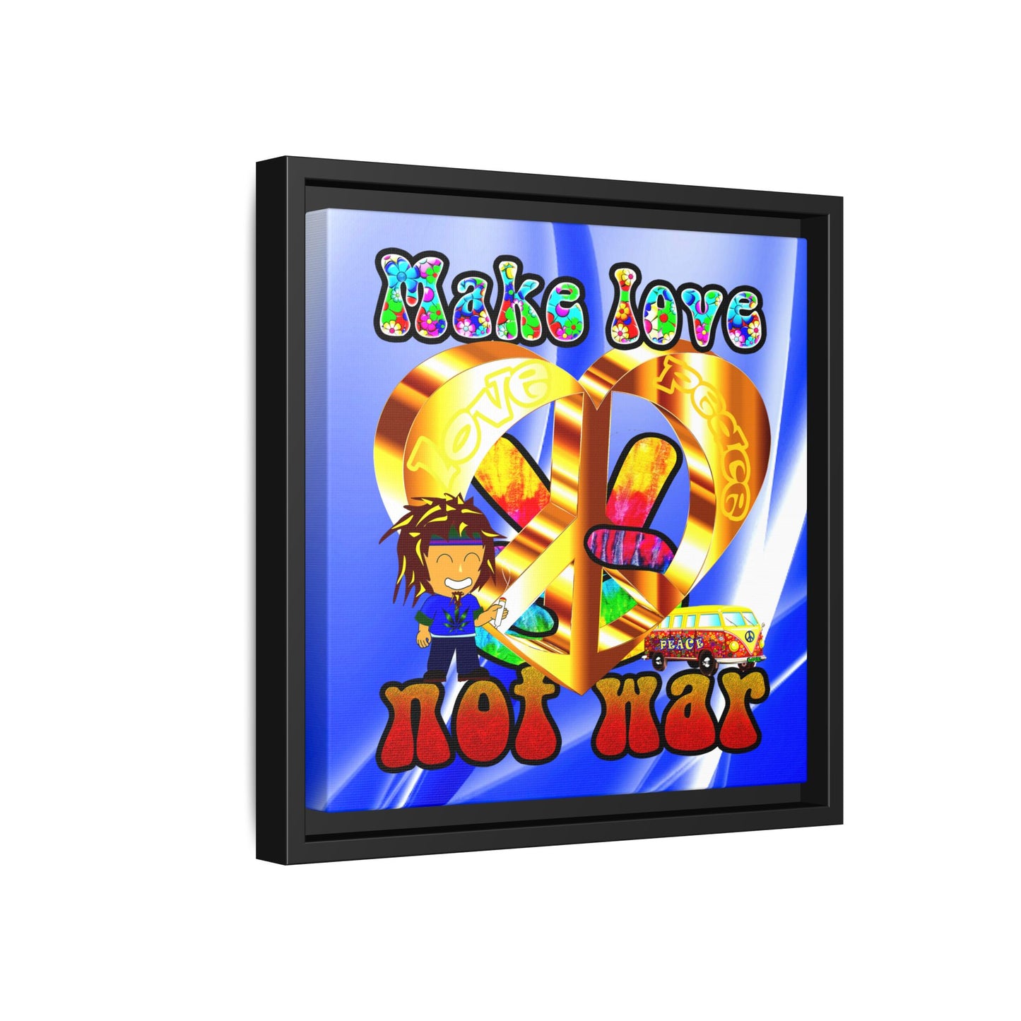 love peace - framed canvas art (blue-white wave)