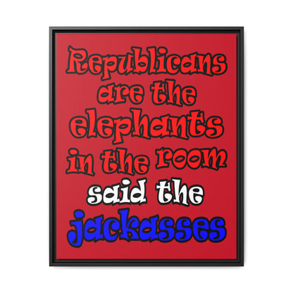 donkeys and elephants - framed canvas art (dark red)