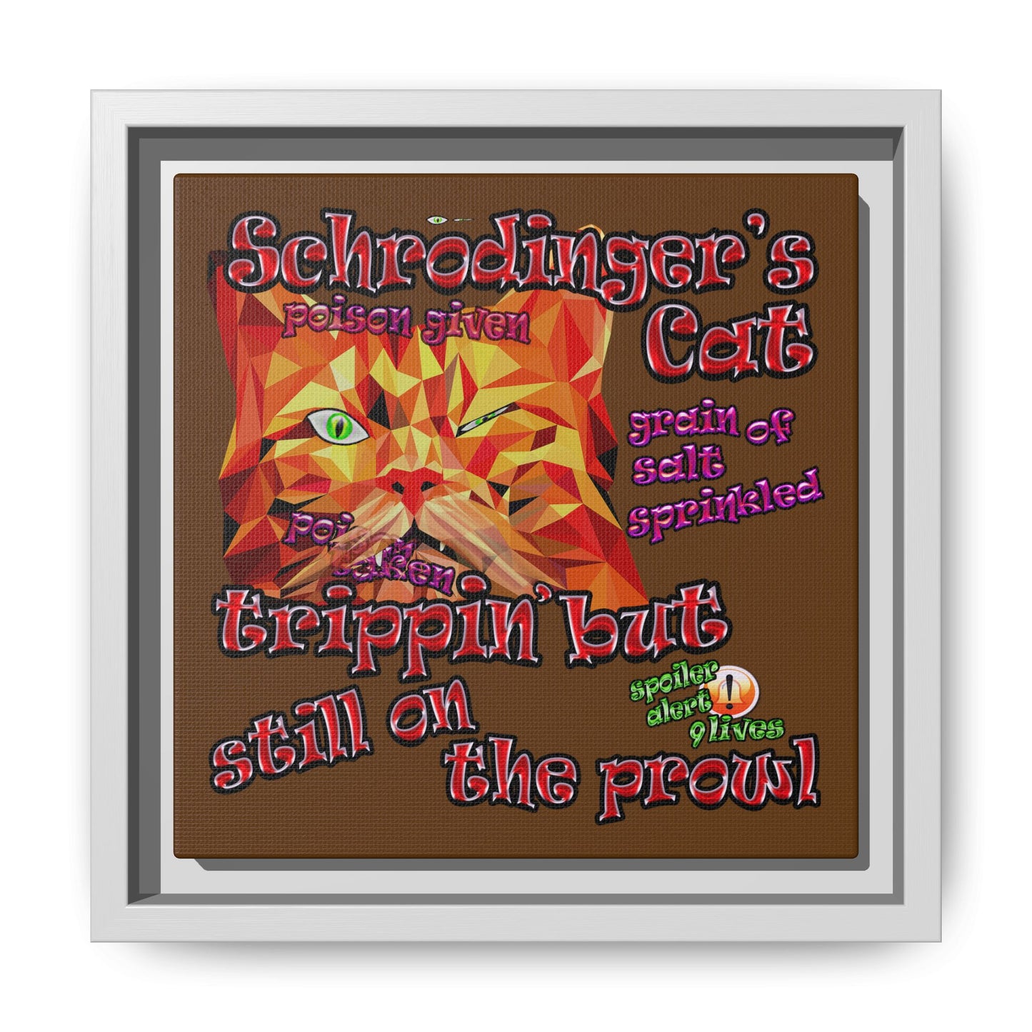 schrodinger's cat - framed canvas art (brown)