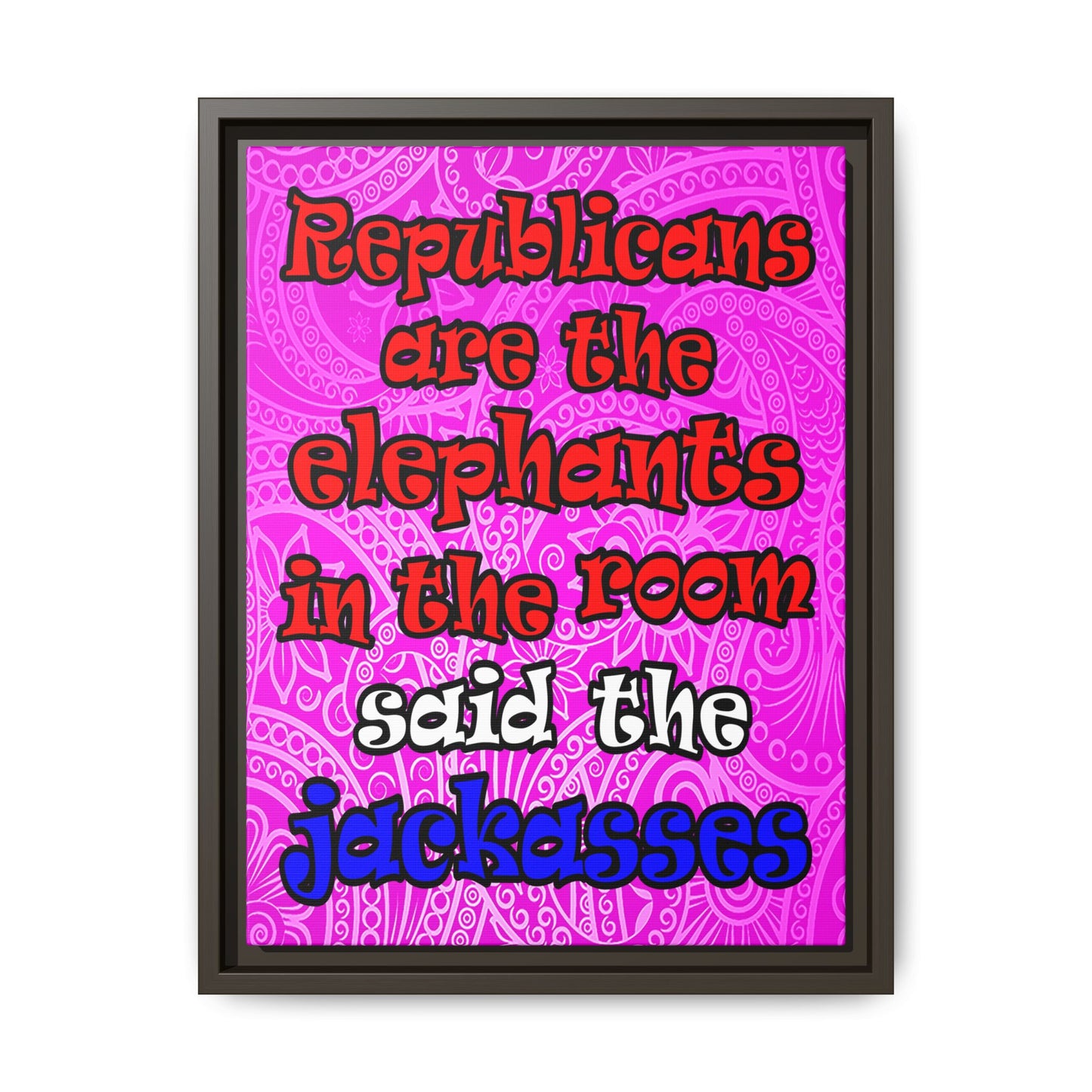 donkeys and elephants - framed canvas art (pink swirl)