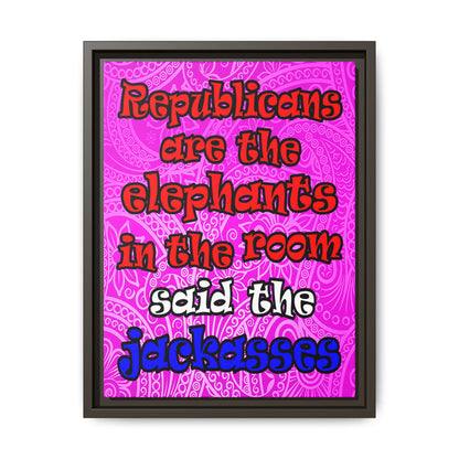 donkeys and elephants - framed canvas art (pink swirl)