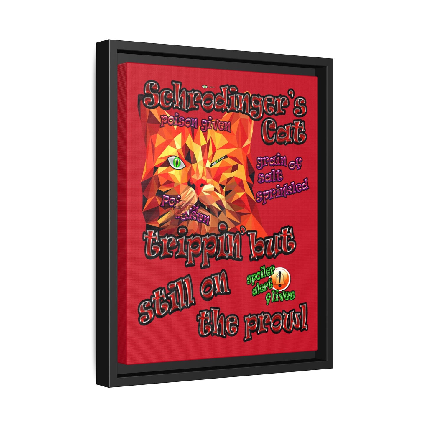 schrodinger's cat - framed canvas art (dark red)