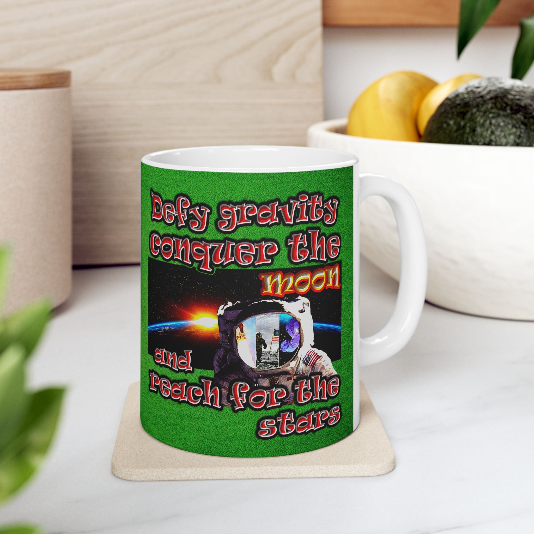 defy conquer reach - White Mug (green turf)