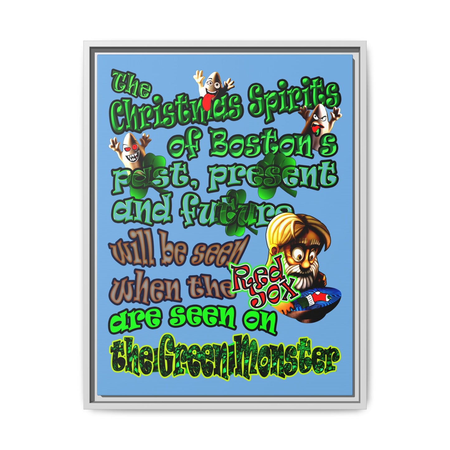 christmas spirits of boston - framed canvas art (light blue)
