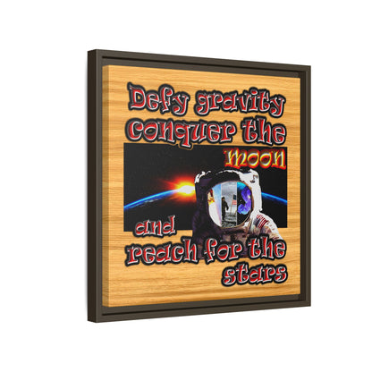 defy conquer reach - framed canvas art (butterscotch wood finish)