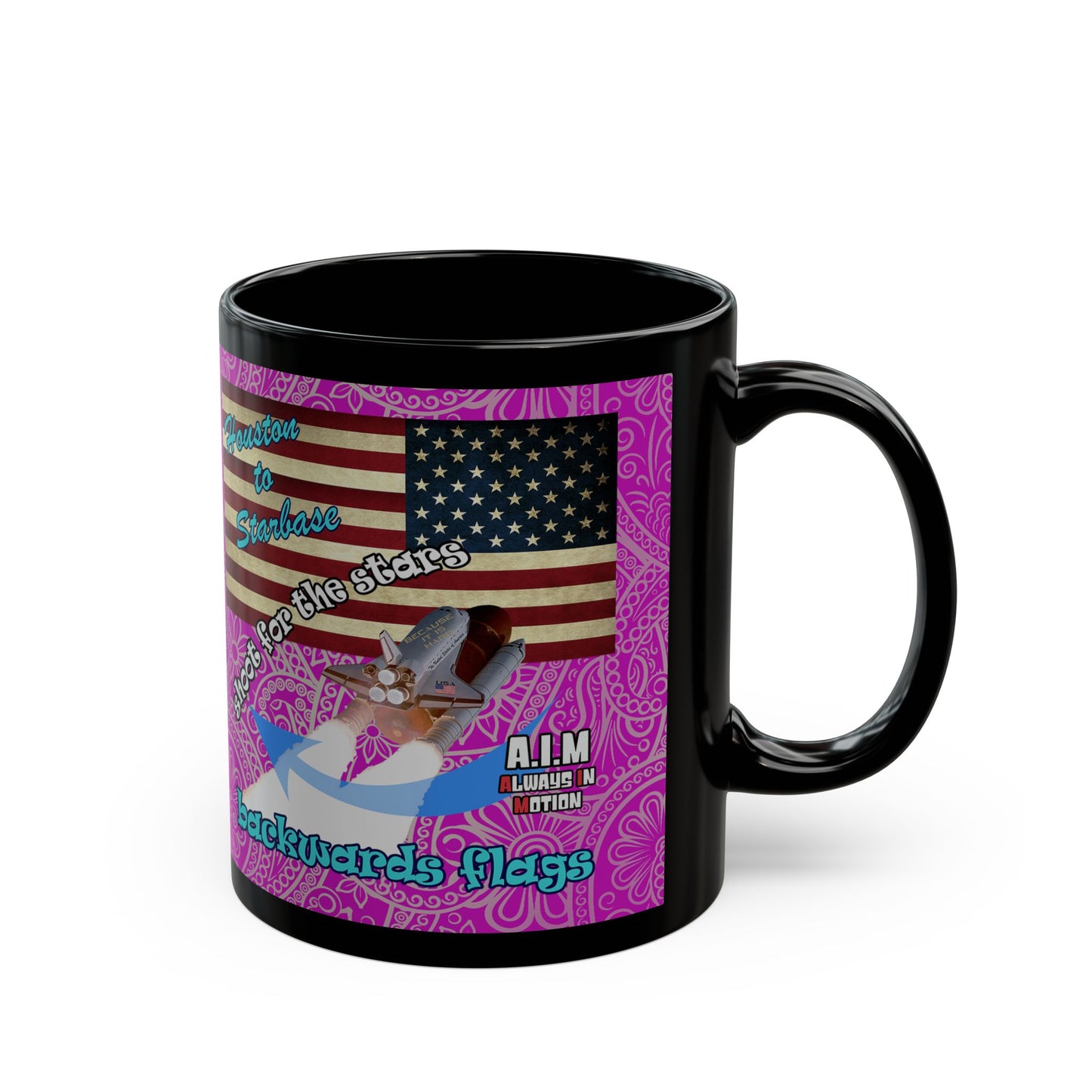 shoot for the stars - Black Mug (pink swirl)