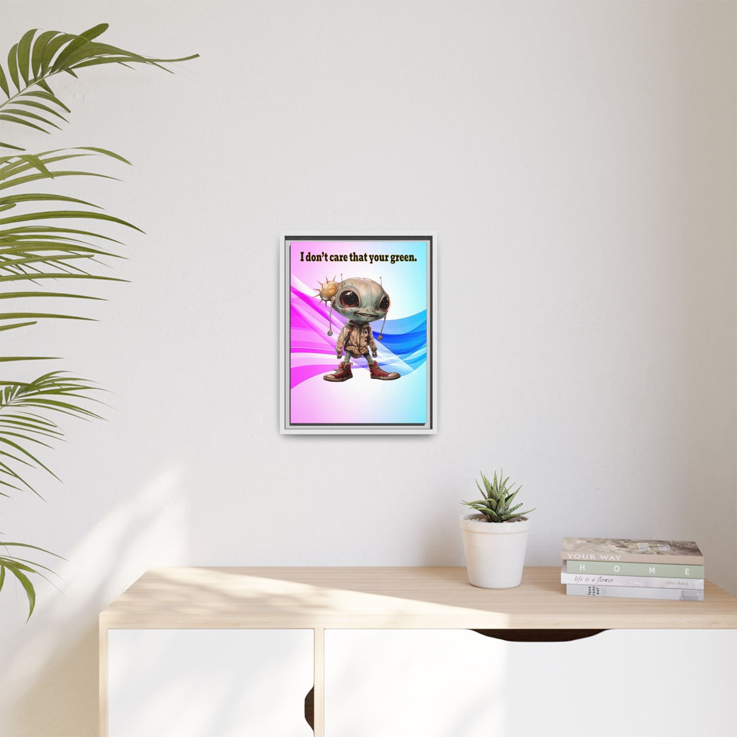 I don't care that your green - framed canvas art (light blue-pink wave)