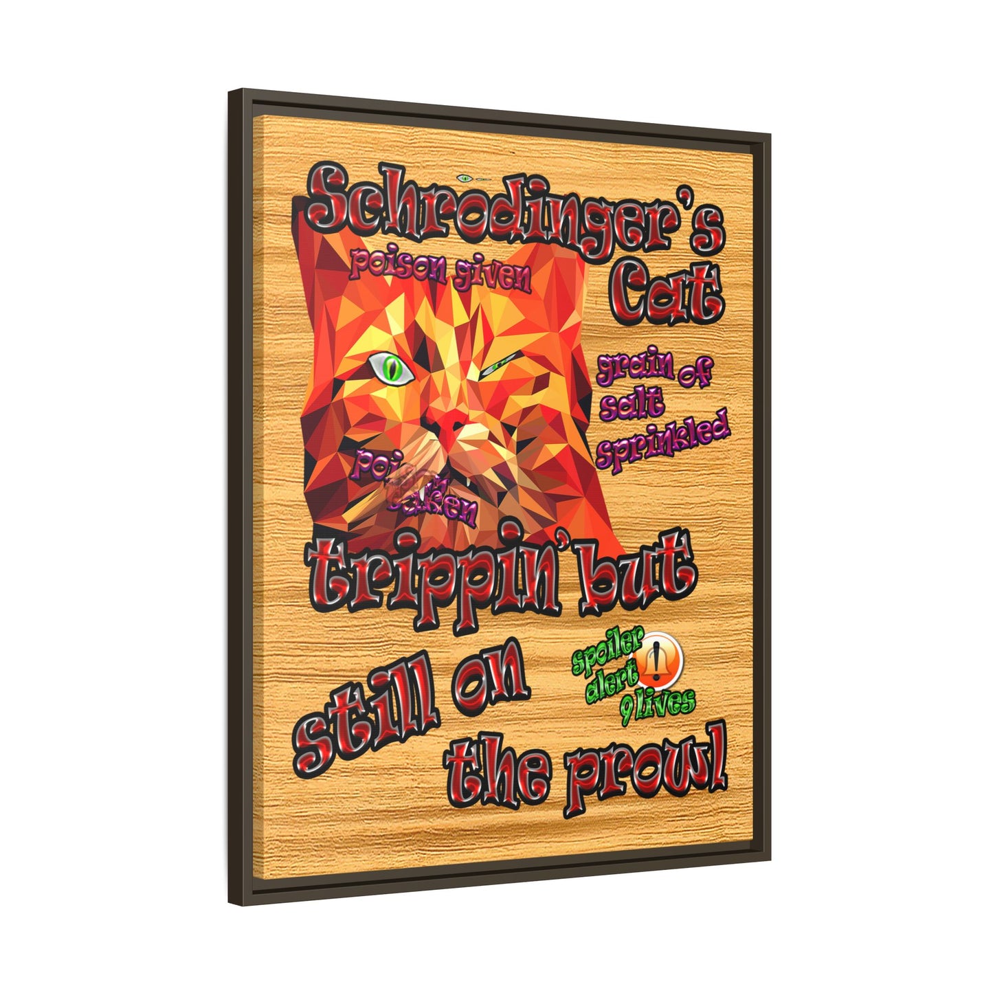 schrodinger's cat - framed canvas art (butterscotch wood finish)