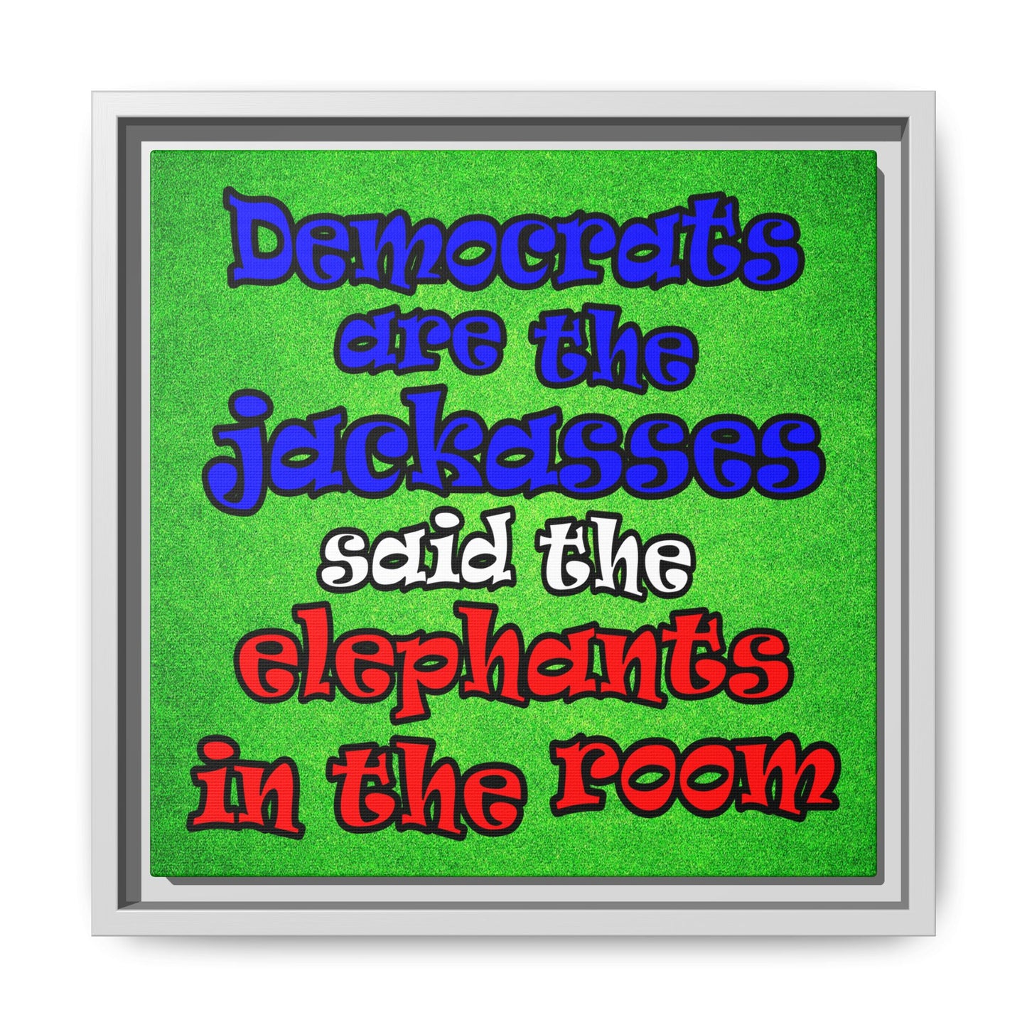 donkeys and elephants - framed canvas art (green turf)