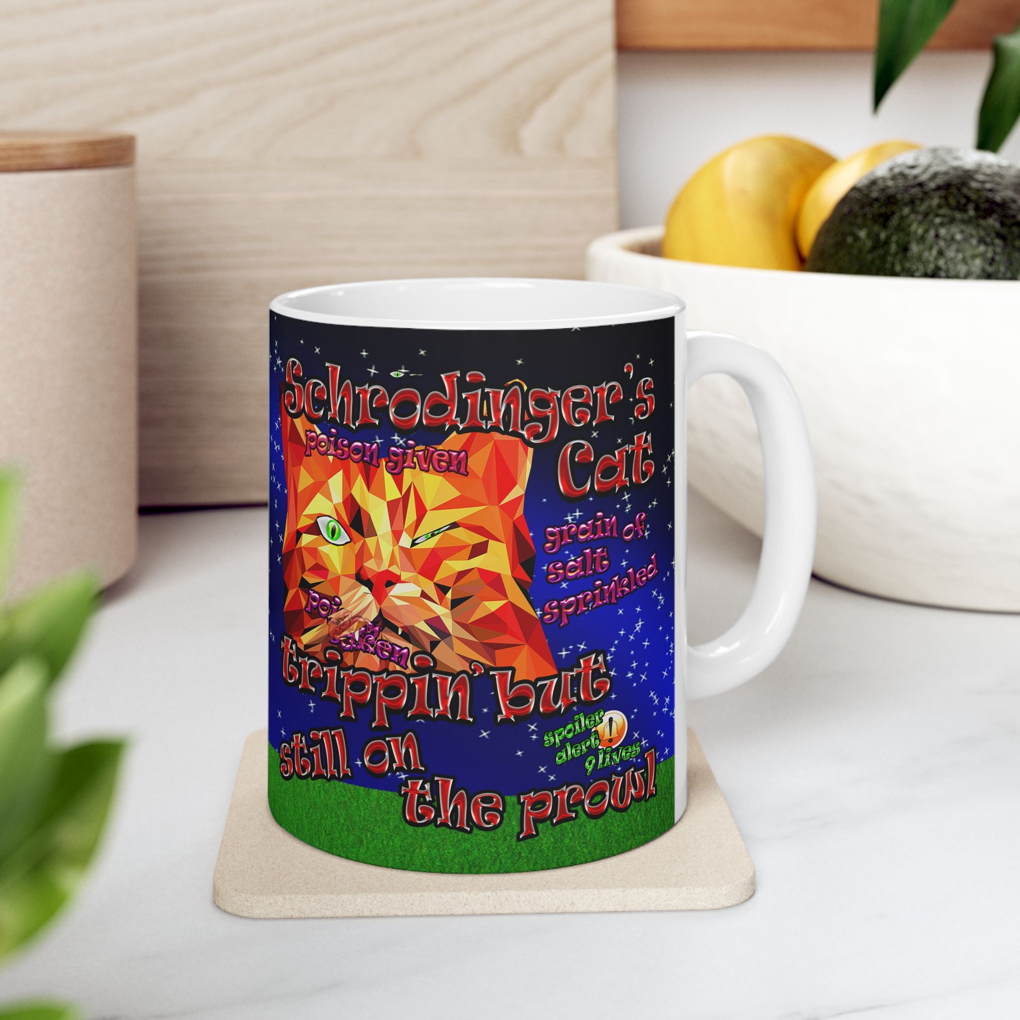 schrodinger's cat - White Mug ('snoops' background)