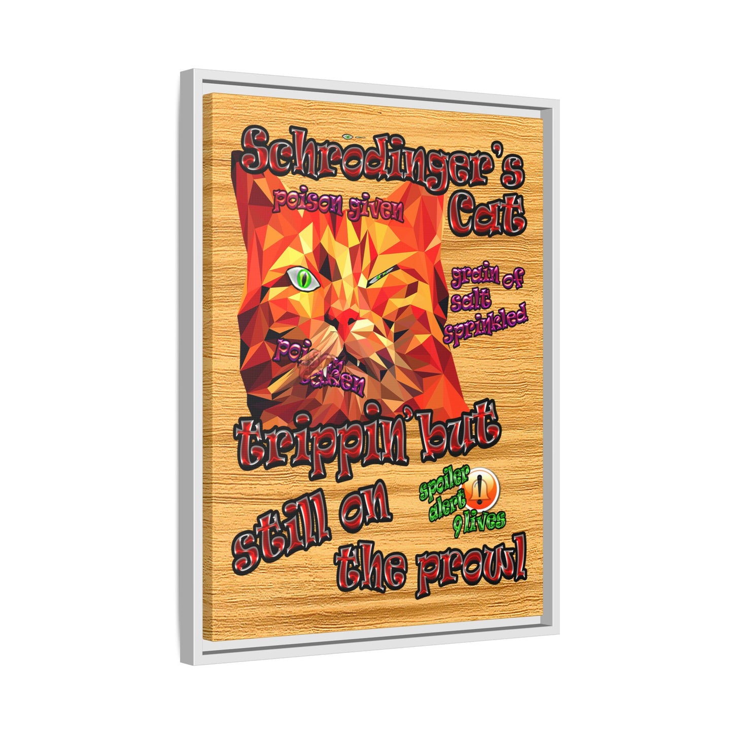 schrodinger's cat - framed canvas art (butterscotch wood finish)