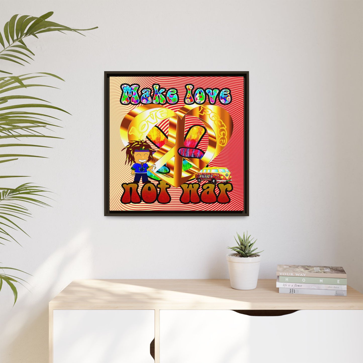love peace - framed canvas art (yellow-orange wave)