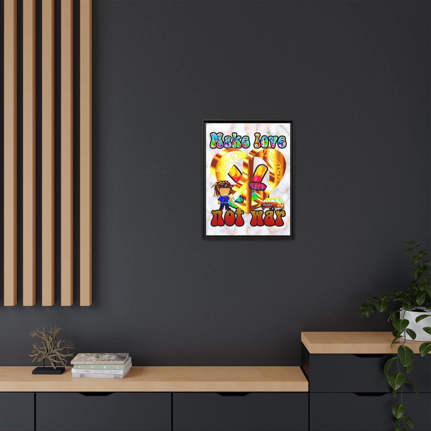 love peace - framed canvas art (white marble)