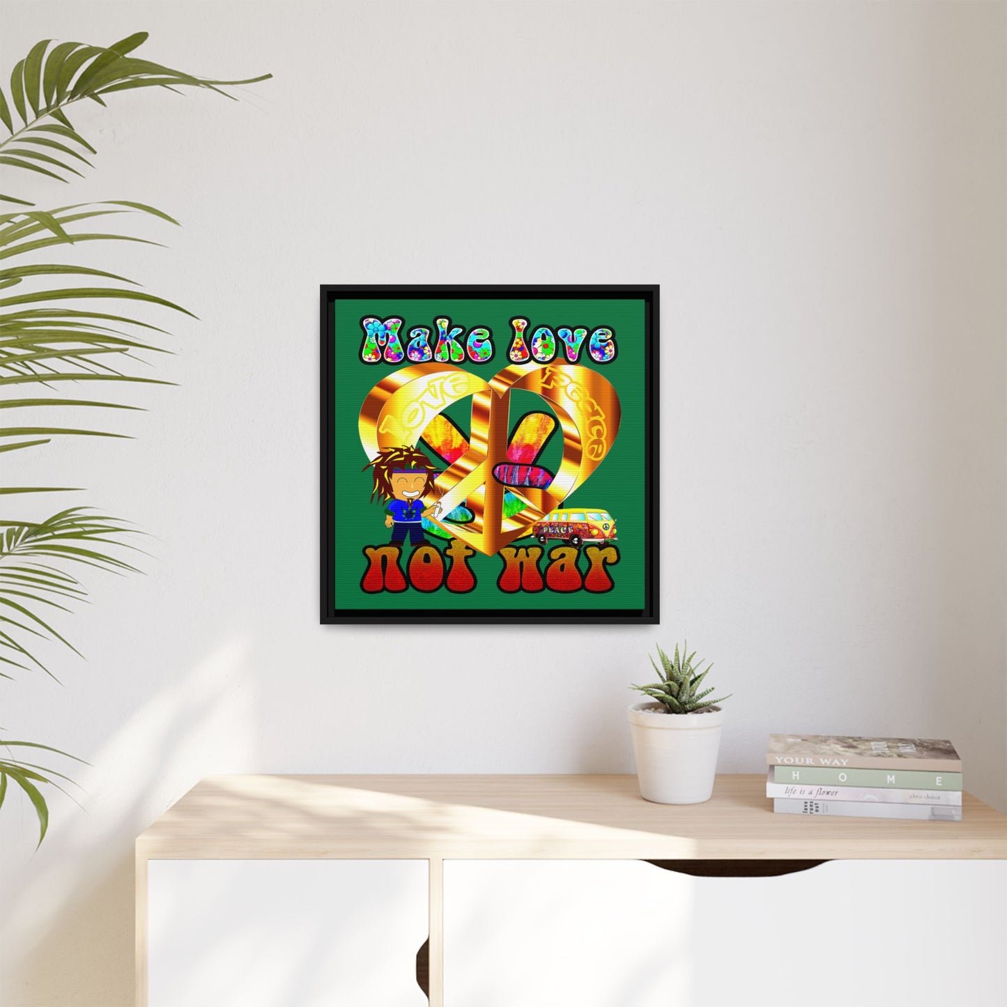 love peace - framed canvas art (dark green)
