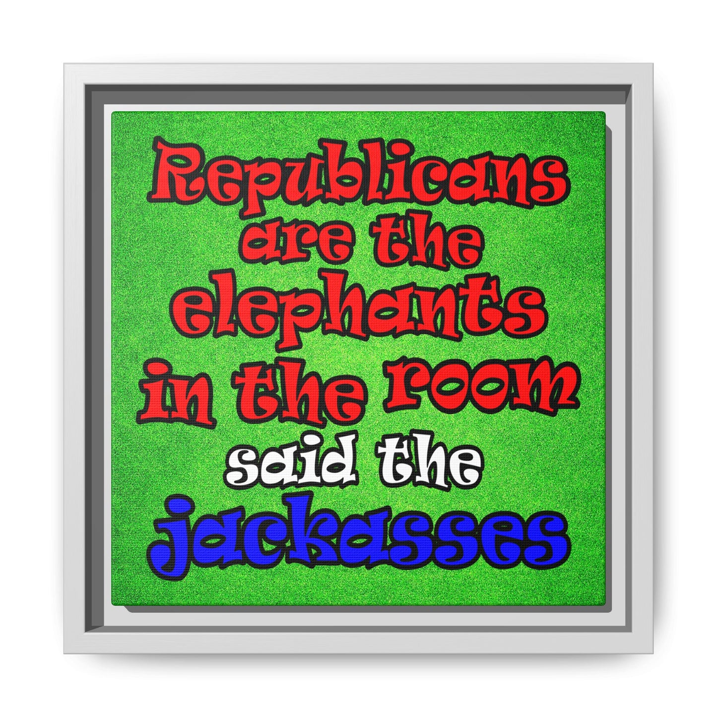 donkeys and elephants - framed canvas art (green turf)
