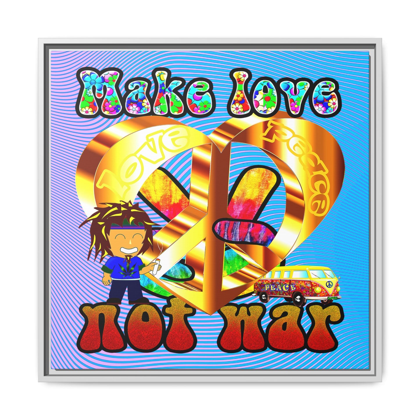 love peace - framed canvas art (light blue-purple wave)