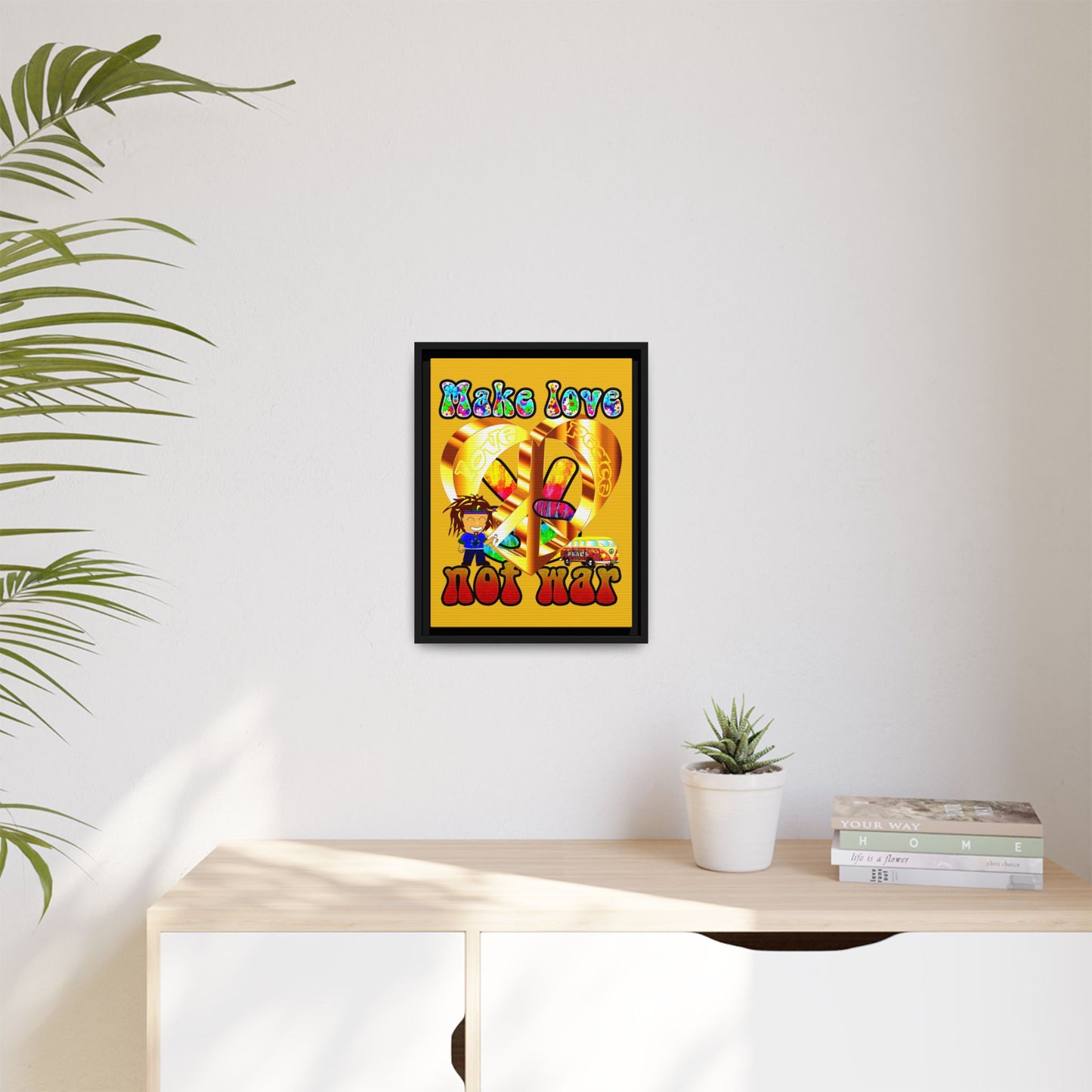 love peace - framed canvas art (yellow)