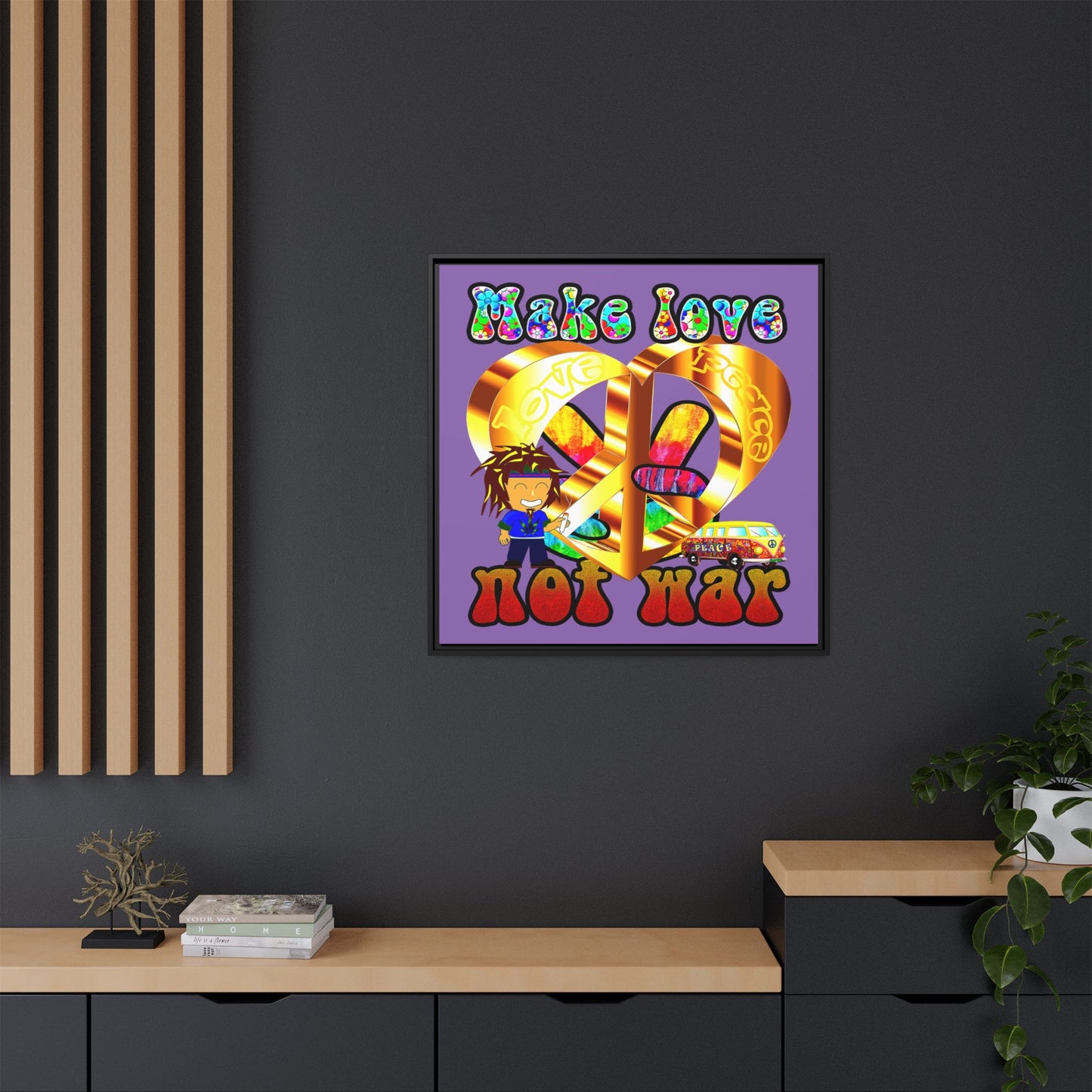 love peace - framed canvas art (light purple)