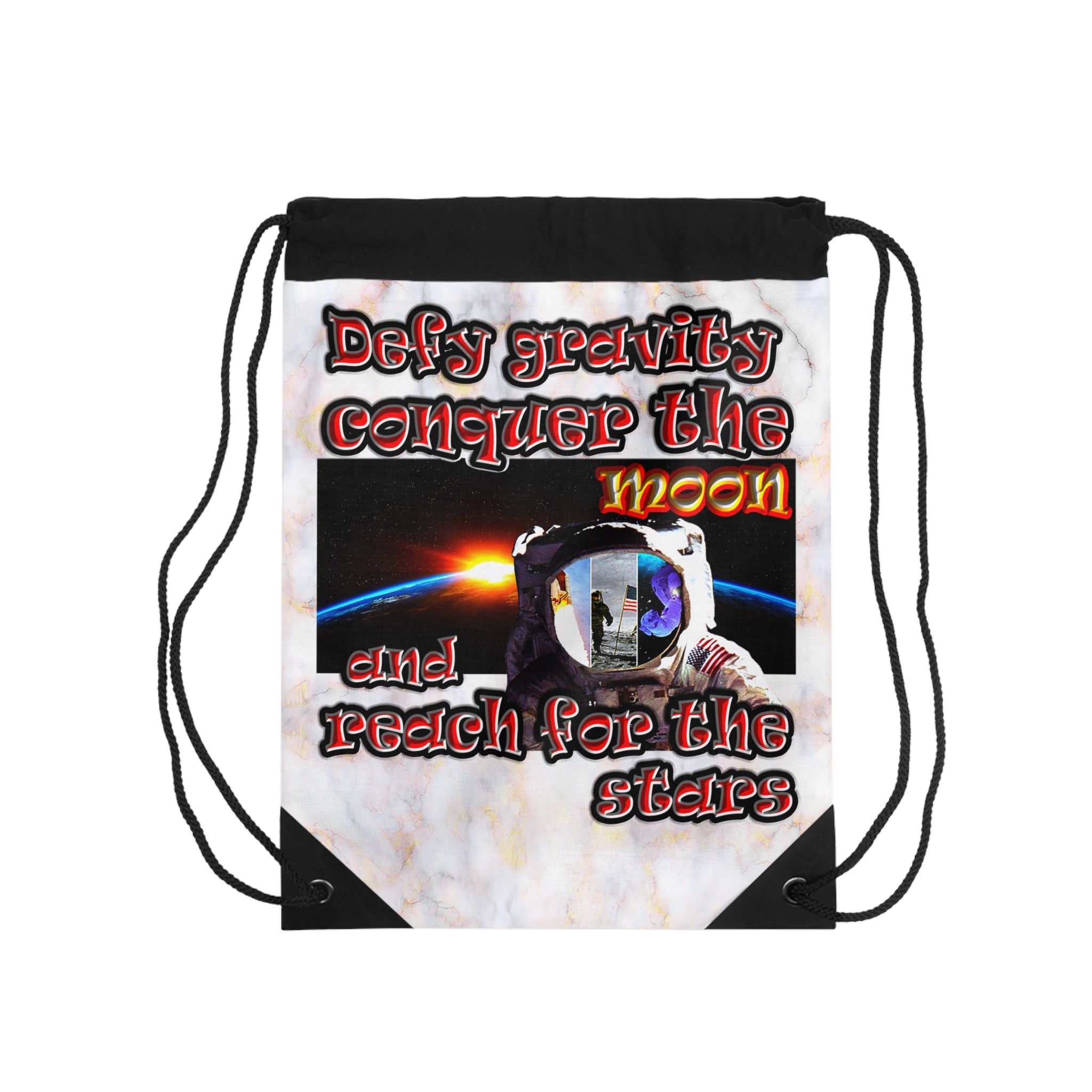 defy conquer reach - Drawstring Bag (white marble)
