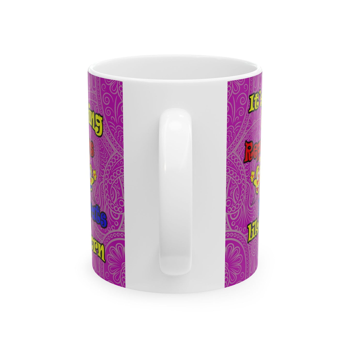 popping like popcorn - White Mug (pink swirl)
