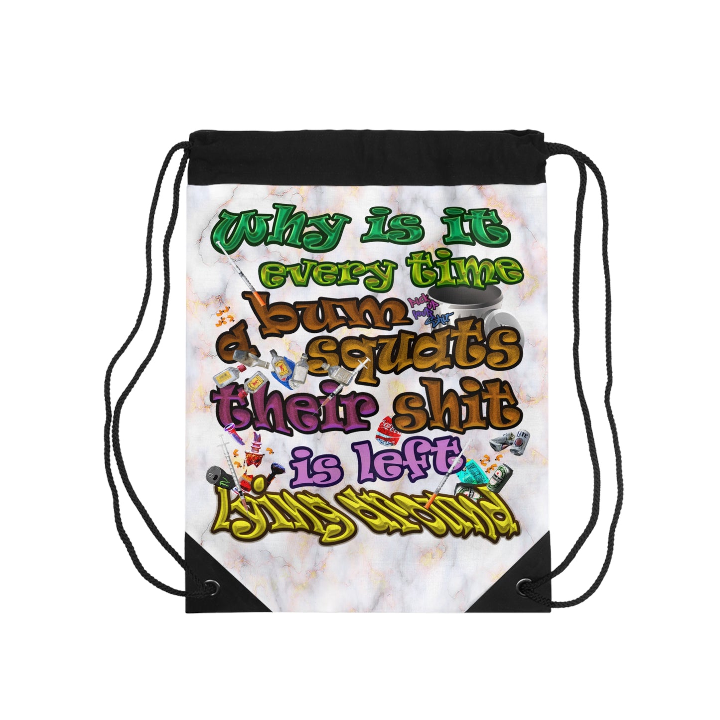 the bum's shit - Drawstring Bag (white marble)