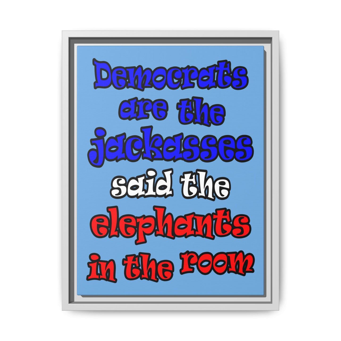 donkeys and elephants - framed canvas art (light blue)