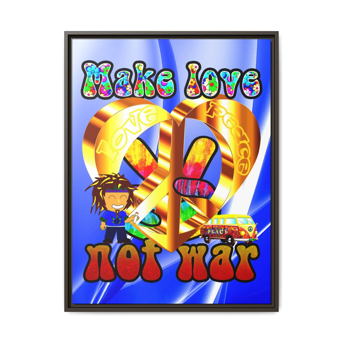 love peace - framed canvas art (blue-white wave)