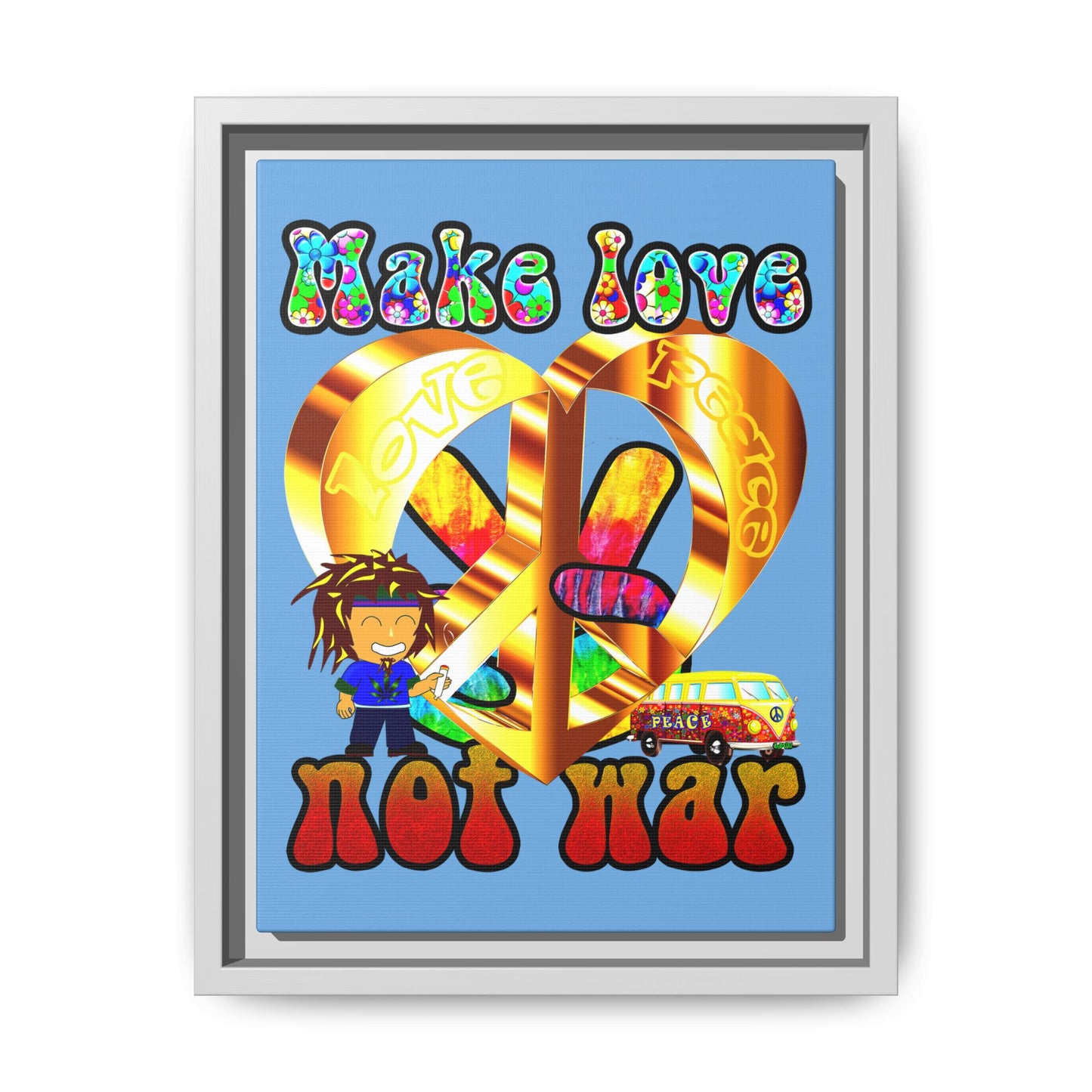 love peace - framed canvas art (light blue)