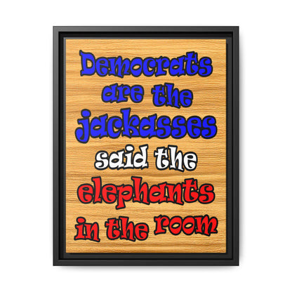 donkeys and elephants - framed canvas art (butterscotch wood finish)