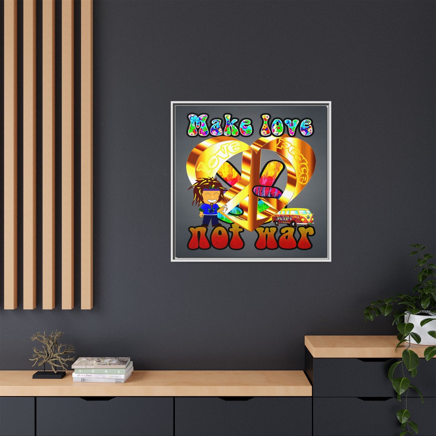 love peace - framed canvas art (grey-light grey)