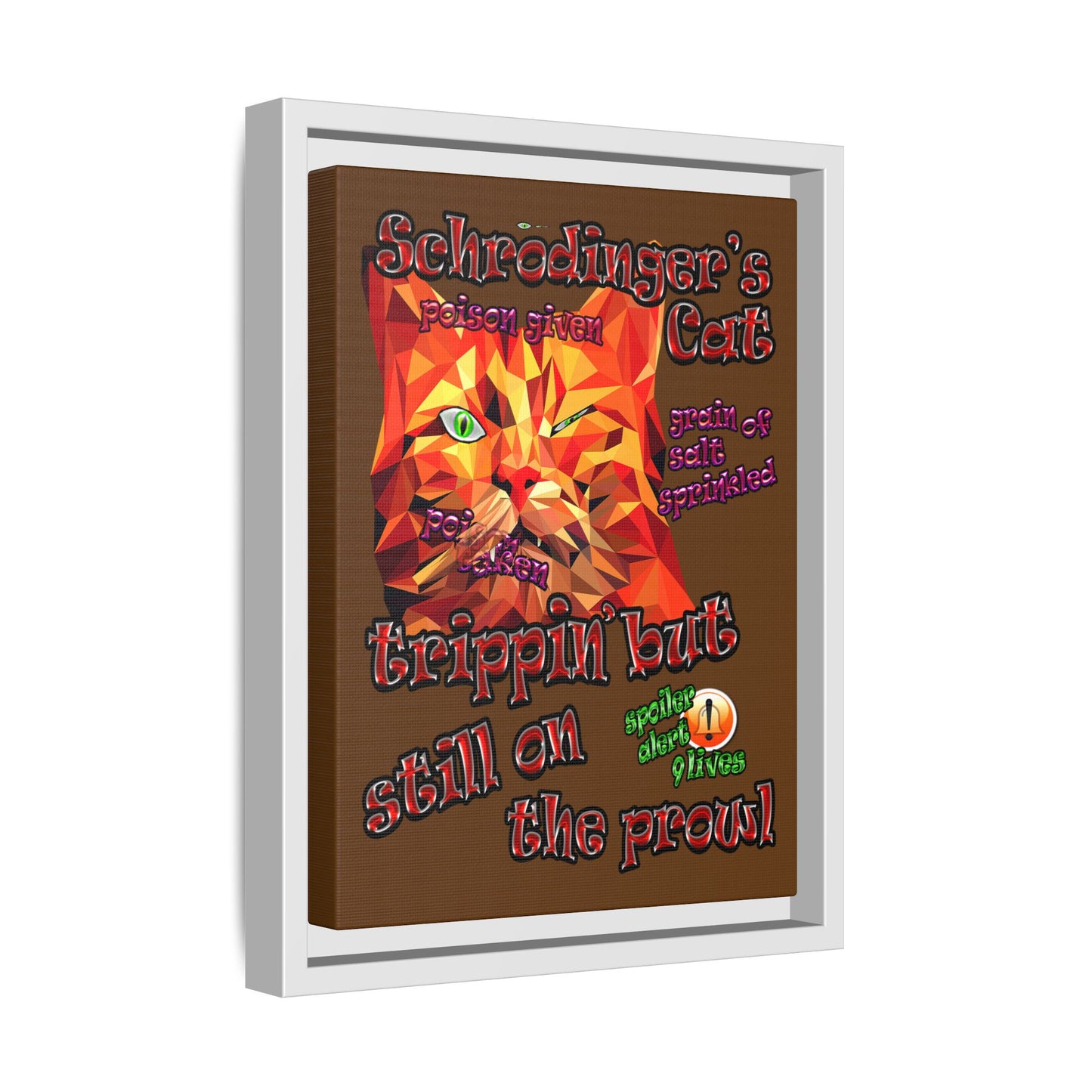 schrodinger's cat - framed canvas art (brown)